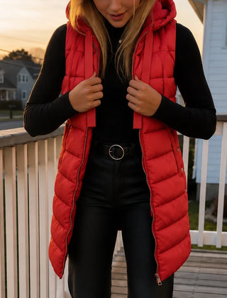 Women's Puffer Vest | Long Hooded Quilted Sleeveless