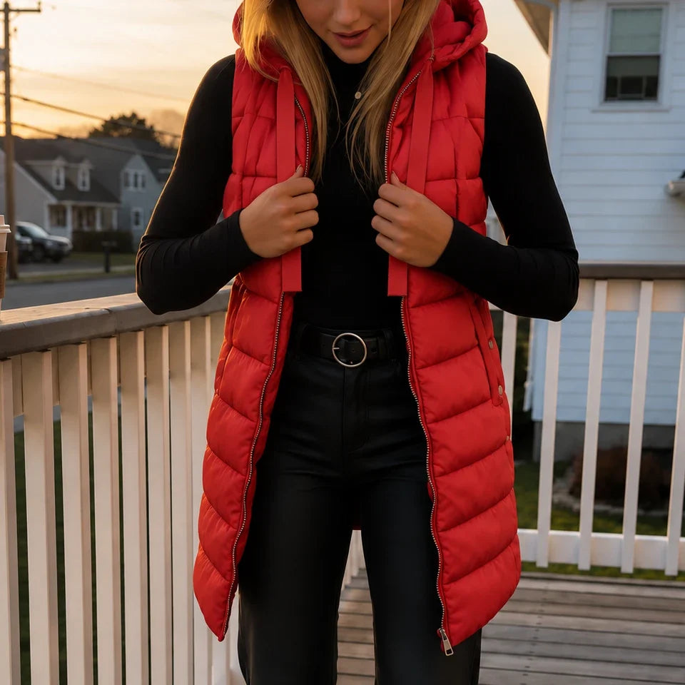 Women's Puffer Vest | Long Hooded Quilted Sleeveless