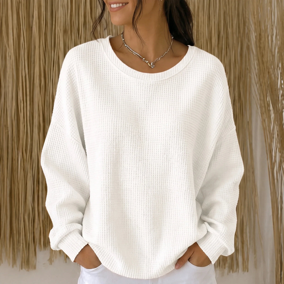 Women's Sweater | Waffle Knit Round Neck Pullover