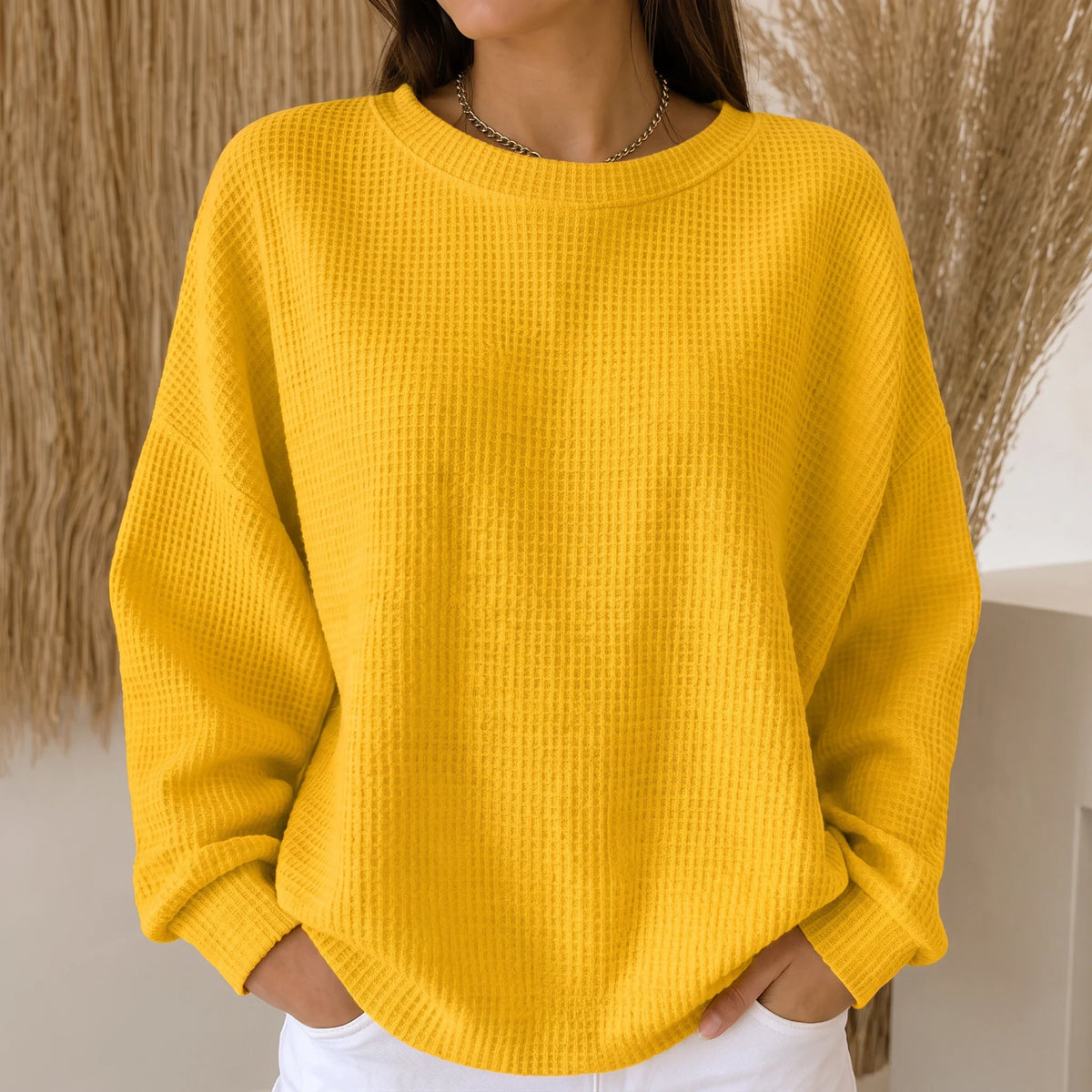 Women's Sweater | Waffle Knit Round Neck Pullover